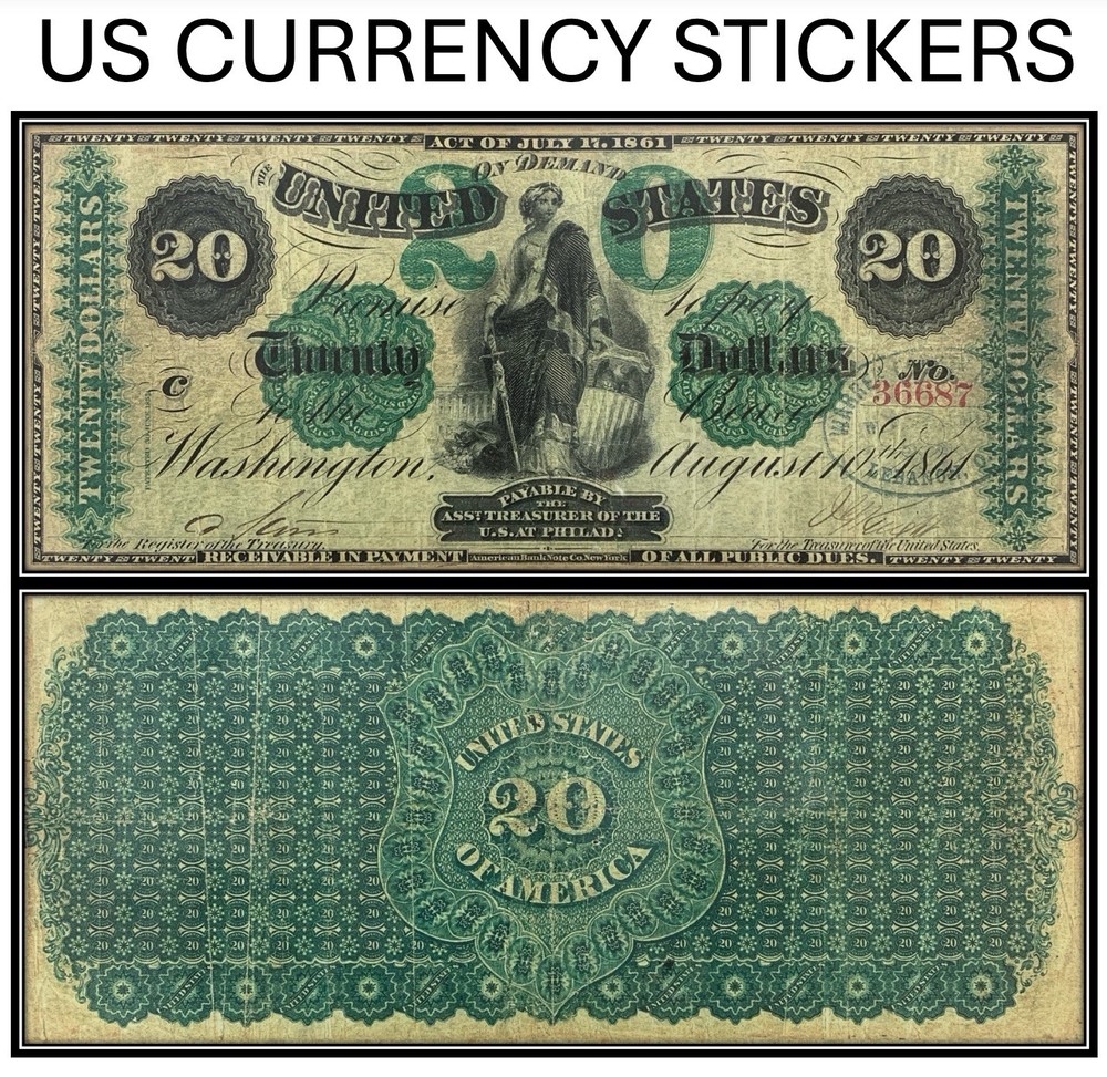 $20 Twenty Dollar 1861 Demand Note (US CURRENCY STICKERS) (Lot OF 1)