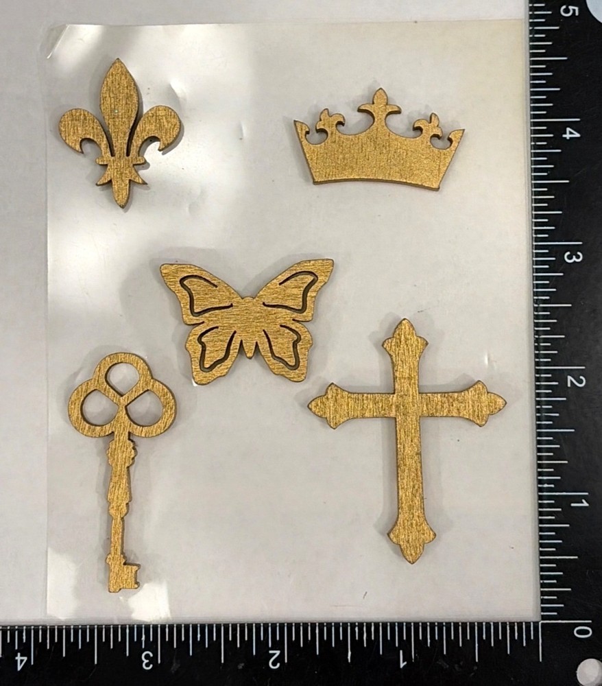 MICHAELS Wooden Embellishments Set 5 Pc Crown Butterfly Fleur-De-Lis Cross Key