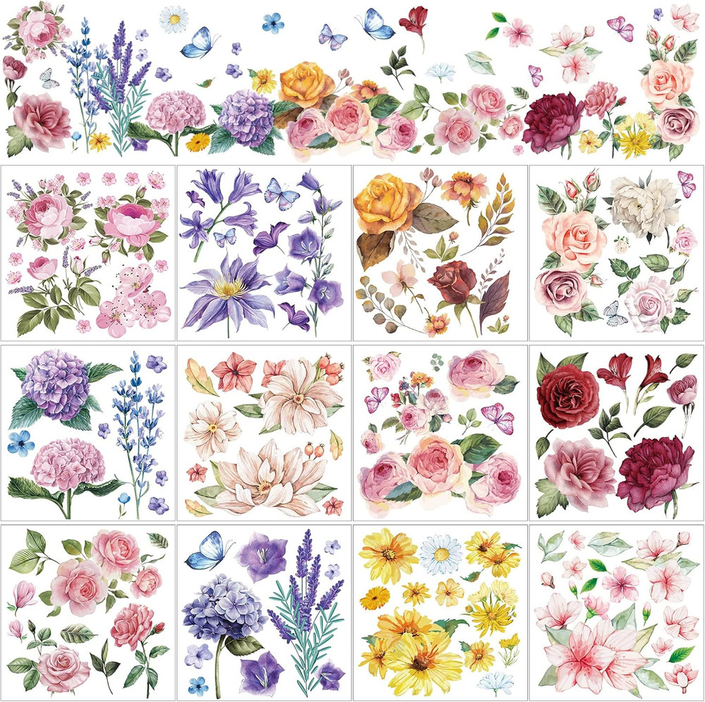 12 Sheets Summer Floral Rub on Transfers for Crafts and Furniture, Flowers
