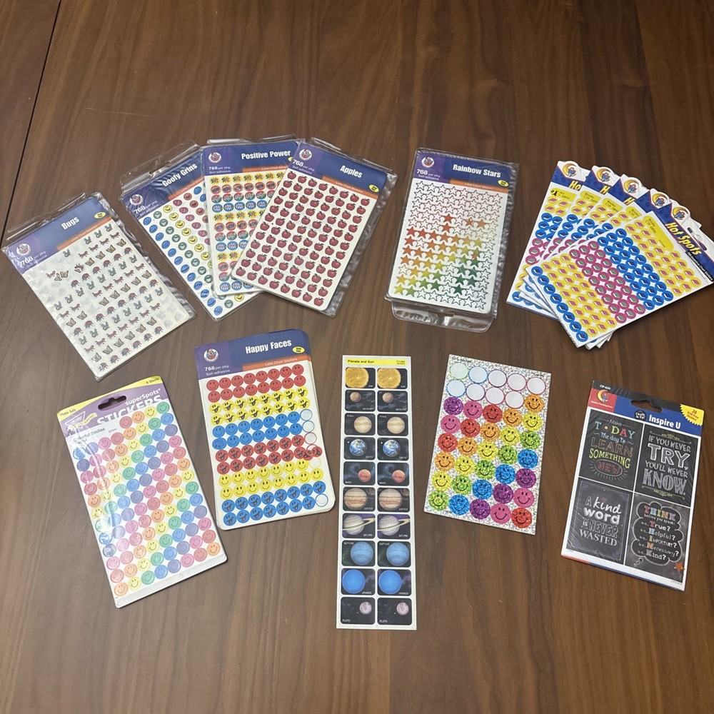 Vtg Teacher Sticker Lot Frank Schaffer Trend Smiley Face Planets Holographic USA