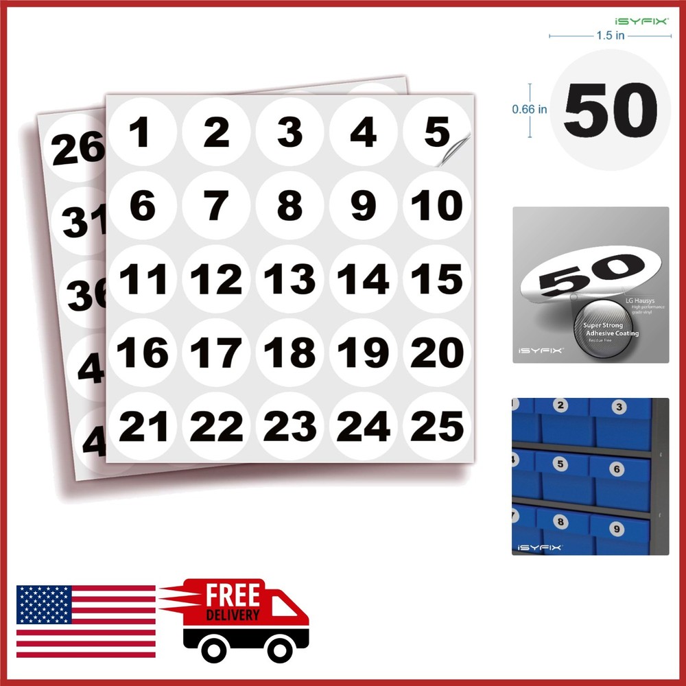 Vinyl Self Adhesive Number Stickers 1-50 for Inventory Management 1.5-inch