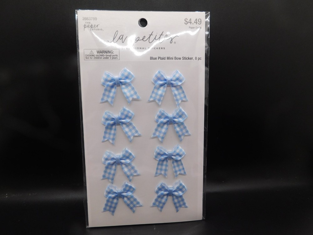 The paper studio la petites Blue & white plaid mini bow stickers 8pc