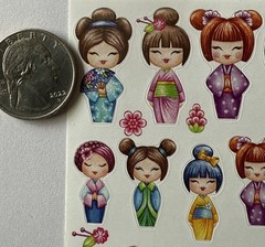 TINY ASIAN GIRLS Stickers(19pc) Kimono•Chinese•Children•Geisha•Cute•Card Making