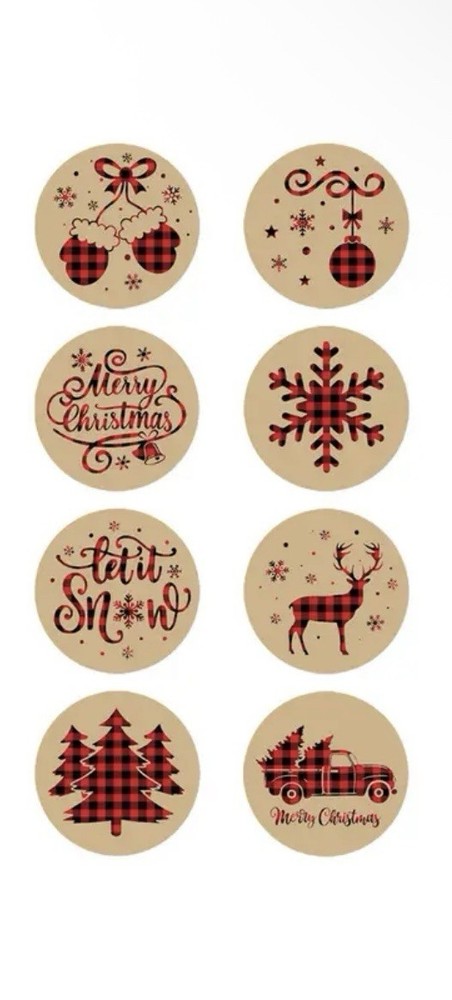 40 PCs Round 1” Christmas Stckrs Red Plaid Rustic Brown Business Envelope Seals