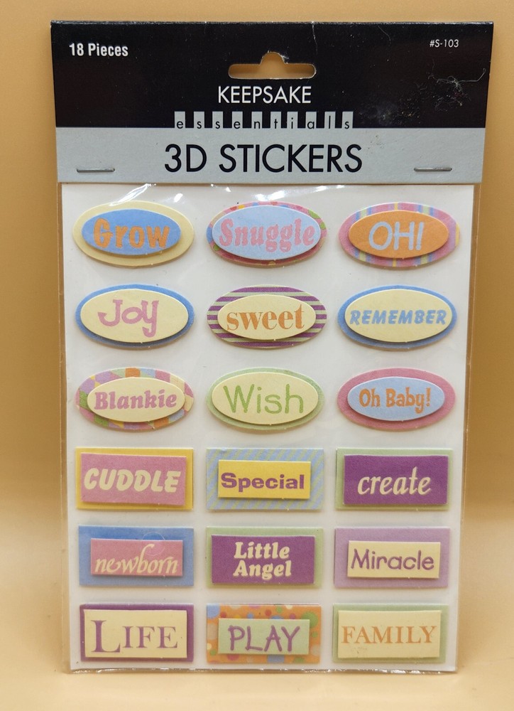 Keepsake Essentials 3D WORD Stickers, Cuddle, Play, Grow, Snuggle, BRAND NEW