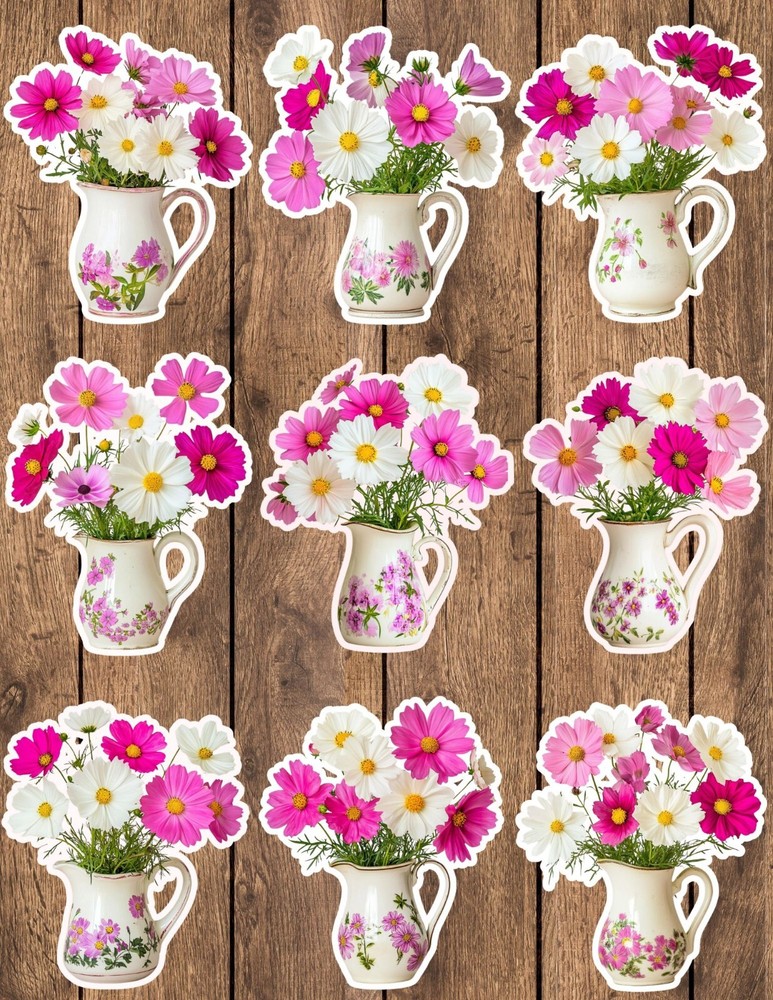 Vase of Cosmo Flowers Die Cut Vinyl Stickers Set Scrapbooking Laptop Waterbottle