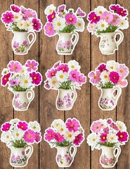 Vase of Cosmo Flowers Die Cut Vinyl Stickers Set Scrapbooking Laptop Waterbottle