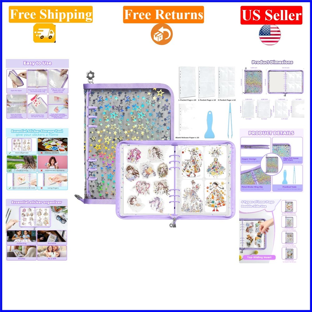 Purple A5 Sticker Organizer Binder with Glitter Stars Cover