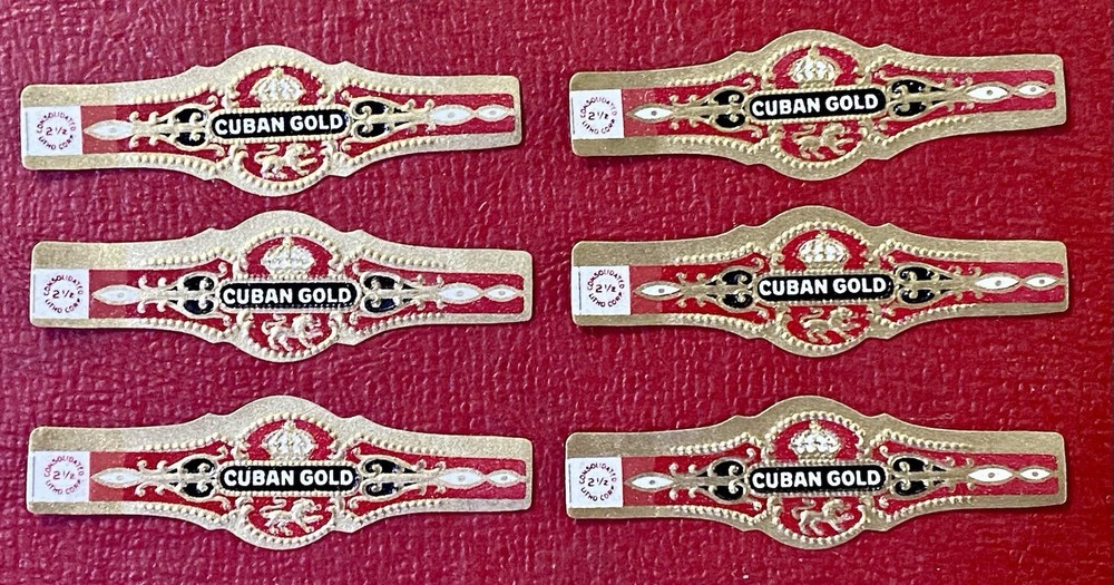 Lot of 6 1920s Vintage Cuban Gold Cigar Bands – Pristine NOS – Red & Gold Gilt