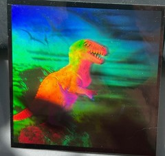 1992 HOLO T-REX STICKER with PTERODACTYL in BACKGROUND-GREAT DEPTH-GREAT COLORS