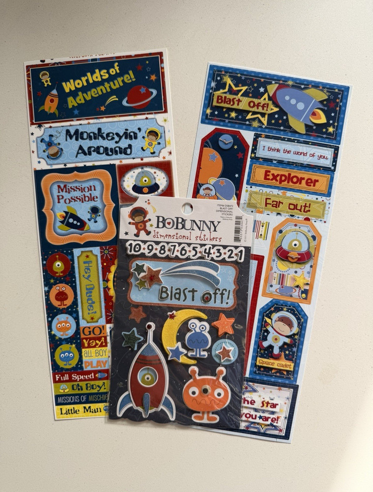 Bo Bunny Blast Off Scrapbook Lot 14 12×12 Papers Stickers Chipboard Space Rare