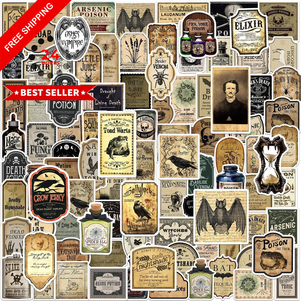 JUNEBRUSHS 324 Pcs Potion Labels Scrapbook Stickers Vintage Gothic Black