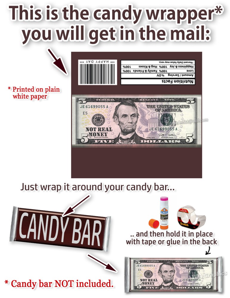 MONEY Candy Bar Wrapper Paper Wrappers for 1.55oz Chocolate Candy Bars Bank Note