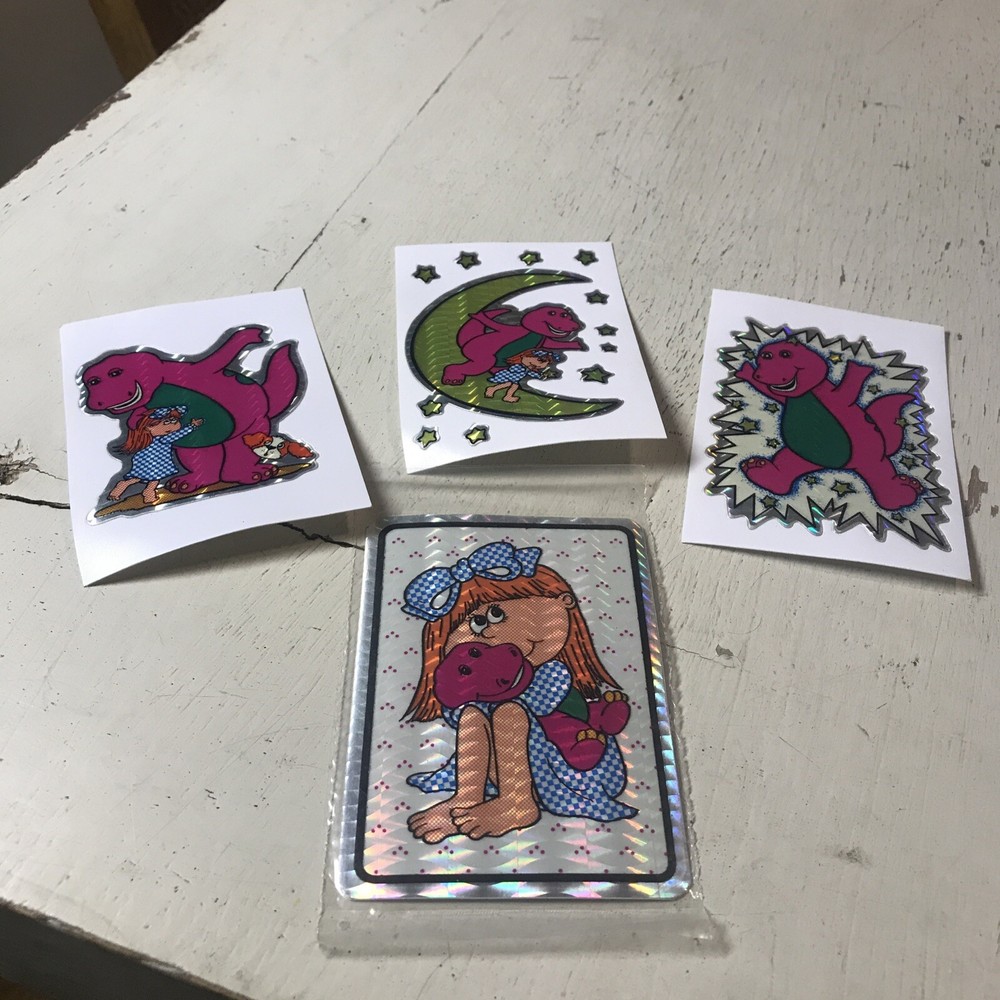 4 Vintage BARNEY & FRIENDS w/Girl RARE Prism Vending Machine Stickers