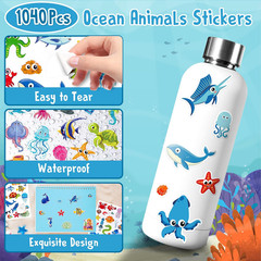 48 Sheets Ocean Stickers for Kids, 1040 Pcs Waterproof under the Sea Fish Animal