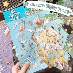 4 Sets Big DIY 3D Sticker Scene Isometric Miniature Room Stickers Book for Kids