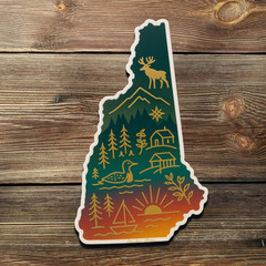 Radiant New Hampshire Sticker – Gold Foil Moose, Cabin, Lake, and Mountain Art