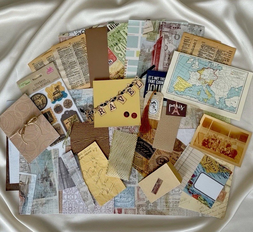 Travel Junk Journal Kit Vintage Ephemera Map Paris Tags Scrapbook Set Paper Pack