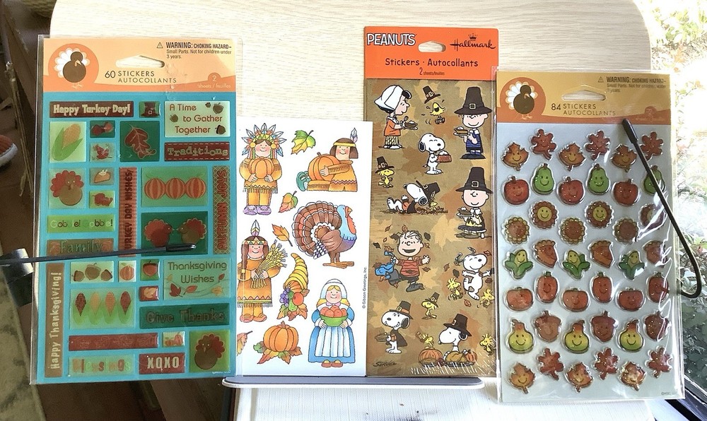 Set of 4 Vintage Thanksgiving Themed Stickers Stickety-Doo-Da Peanuts Gibson