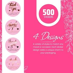 500 Pcs 1.5 Inch Thank You Stickers for Small Business, Pink and Rose Gold