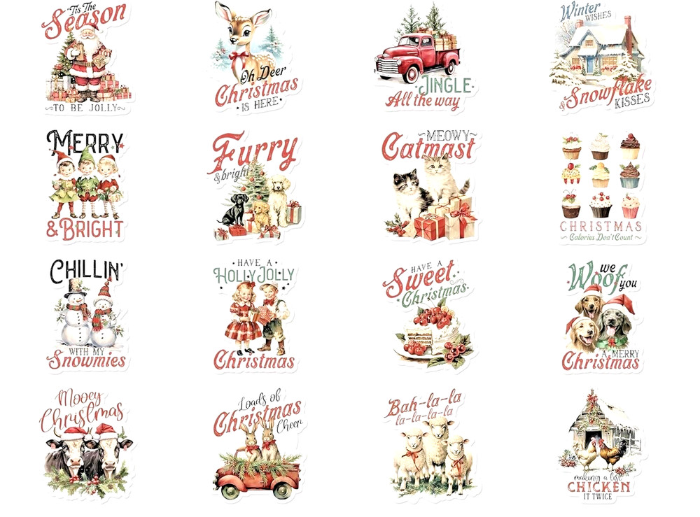 🎄32 Vintage Rustic CHRISTMAS STICKERS Santa SnowMan ReinDeer Cat Dog Sheep Cow