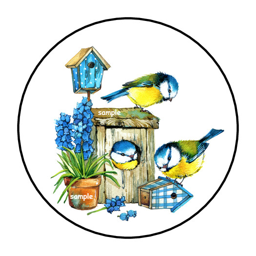 BIRDS IN BIRD HOUSE ENVELOPE SEALS STICKERS LABELS TAGS 1.5″ ROUND FLORAL BLUE