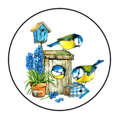 BIRDS IN BIRD HOUSE ENVELOPE SEALS STICKERS LABELS TAGS 1.5″ ROUND FLORAL BLUE