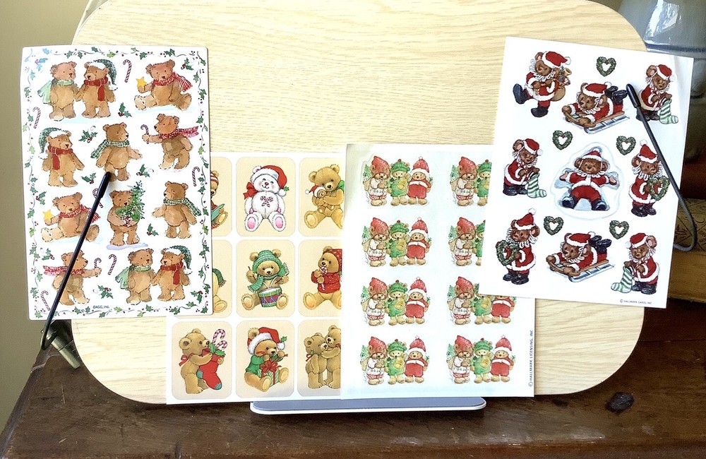 Lot of 4 Vintage Teddy Bear Christmas Sticker Sheets Hallmark AGC Loose Complete