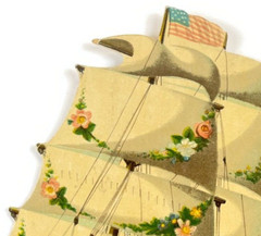Vintage Sail Ship at Sea Beautiful Huge Die Cut Homeward Bound US Flag 11×8.75″