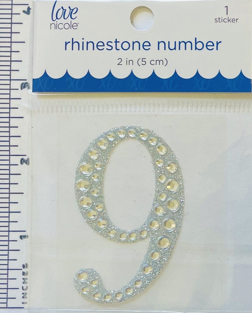Number 9 Rhinestone Sticker 2″ Clear Silver Glitter Scrapbook Monogram Bling