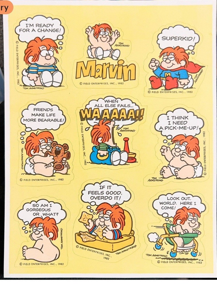 4 Sheets Vintage 1982 Marvin Tom Armstrong Comic Strip Stickers, Hallmark