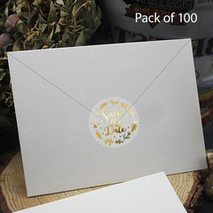 Save the Date Stickers – Gold Foil Wedding Favor Labels – Transparent Clear Enve