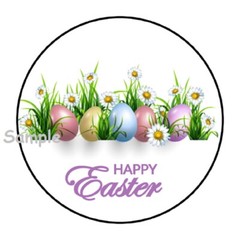 30 HAPPY EASTER ENVELOPE SEALS LABELS STICKERS 1.5″ ROUND EGGS DAISIES FLOWERS