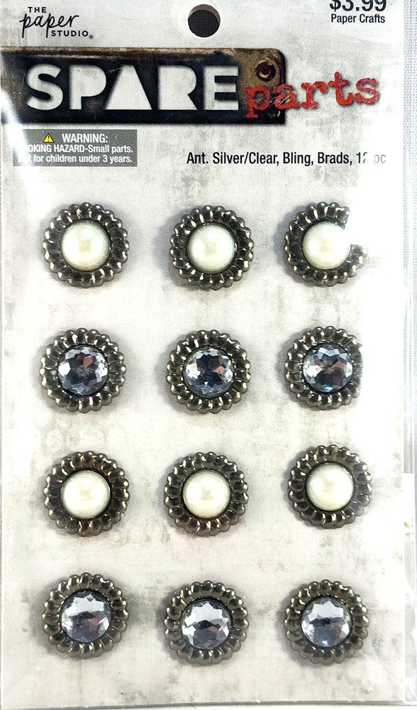 Antique Silver Clear Bling Brads 12pc The Paper Studio 5/8″ Junk Journal Crafts
