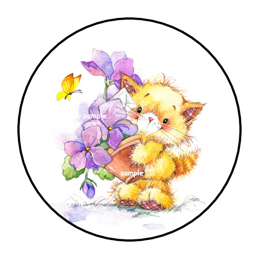 KITTEN WITH FLOWERS ENVELOPE SEALS STICKERS LABELS TAGS 1.5″ ROUND BUTTERFLY (30