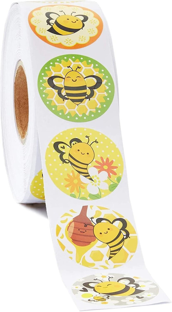 Bee Sticker Roll – 1000 Count, 1.5 in Round, Multicolor – Self-Adhesive Bumblebe