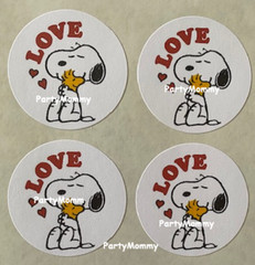 SNOOPY LOVE STICKERS, ENVELOPE SEALS, LABELS, 1.5″, (30) ROUND, TAGS,VALENTINE’S