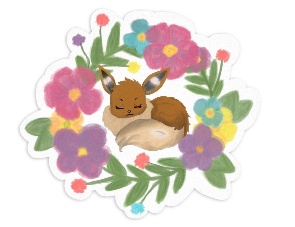 🌸 Cozy Eevee Inspired Floral Vinyl Sticker | Waterproof Kawaii Scrapbook Art