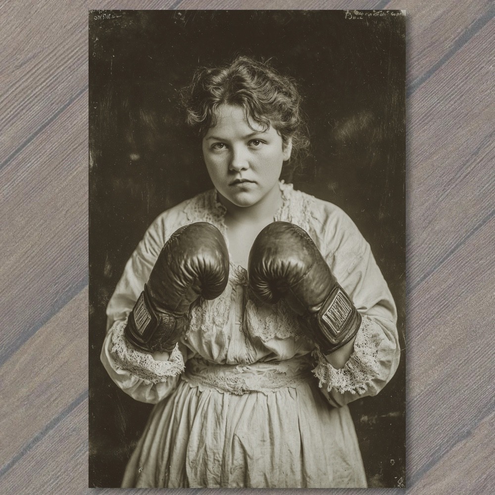 STICKER Retro Boxer Woman Lace Dress Gloves Gritty Sepia Portrait Old