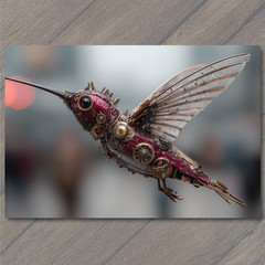 STICKER Ornate Robot Hummingbird Steampunk Wings Pink Blue White Antenna Detai