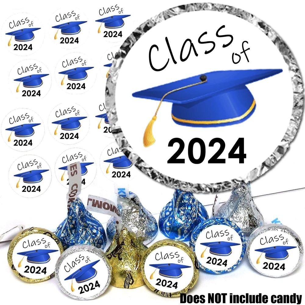 Blue Class of 2024 Label Stickers Graduation Cap Party Favor Fits Hershey Kisses