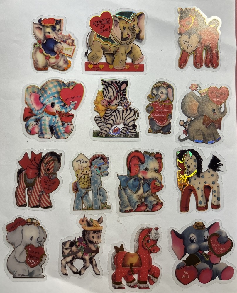 Set Of 15 VINTAGE STYLE Valentine’s Stickers Elephant Pony