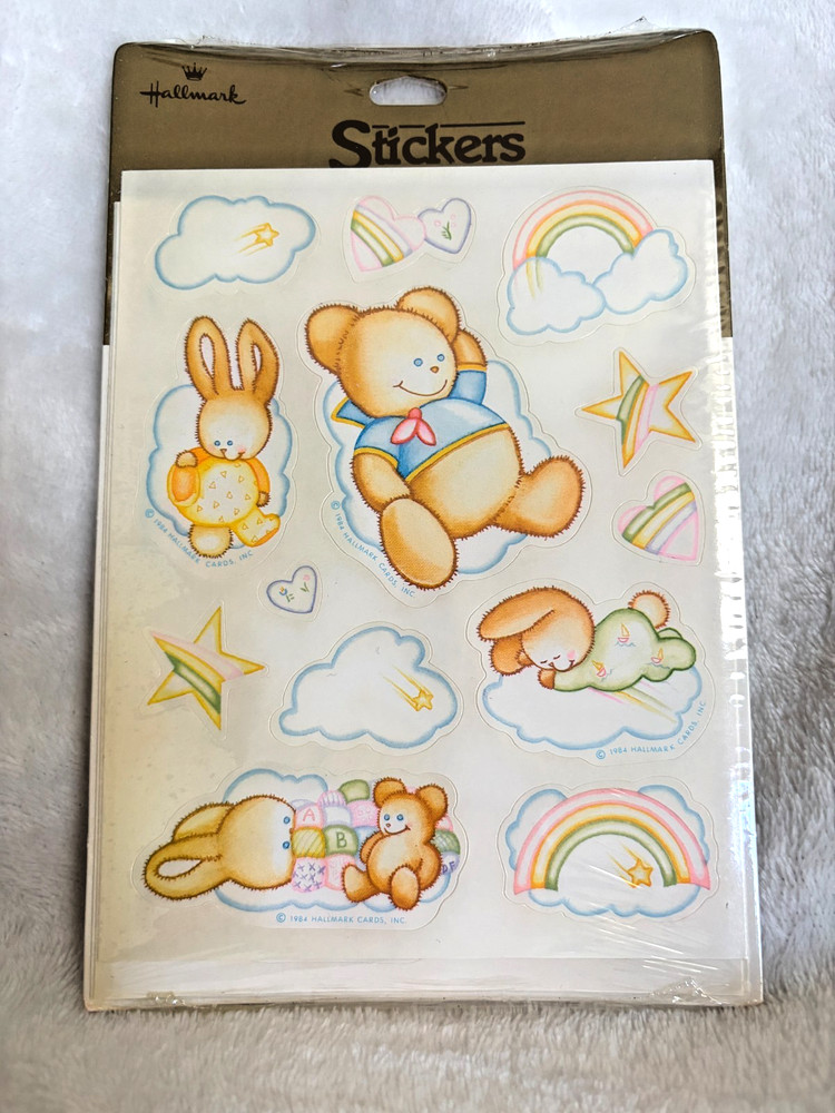 New VTG Sealed 1984 Hallmark Baby Teddy Bear Bunny Rainbow Cloud Star Stickers