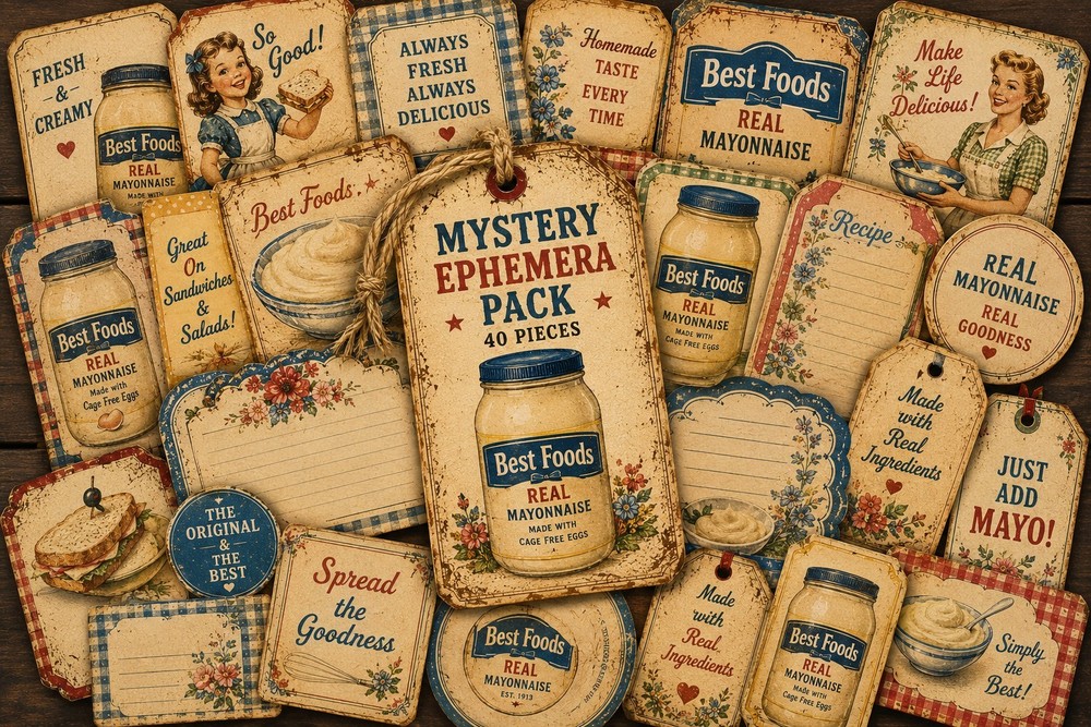 Vintage Mayonnaise Mystery Ephemera Pack | 40 Printed Retro Kitchen Paper Pieces