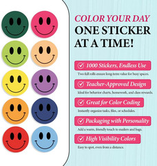 1000PCS Multi-Color Smiley Face Stickers 1 Inch – 2 Rolls of 500 Happy Face L…