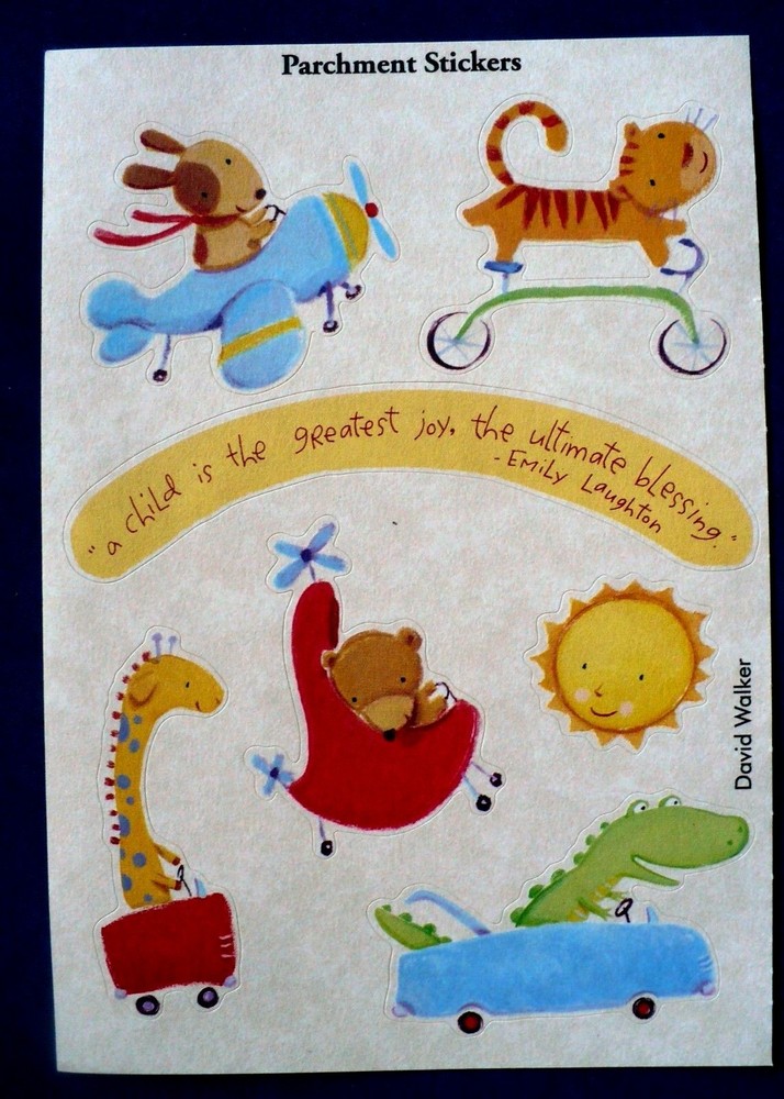 VINTAGE PARCHMENT CHILD’S TOYS 1 SHEET 7 STICKERS BIKE PLANE PEDDLE CAR DOG BEAR