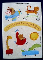 VINTAGE PARCHMENT CHILD’S TOYS 1 SHEET 7 STICKERS BIKE PLANE PEDDLE CAR DOG BEAR