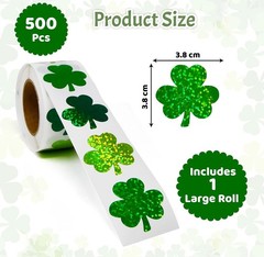 500 Pack St Patricks Day Shamrock Stickers Roll Green Glitter Clover Crafts