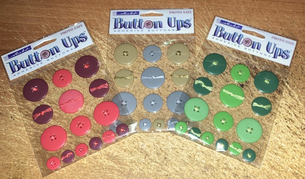 3 PKGS.STICKO BUTTON UPS Adhesive buttons ~ Red, Green & Silver/Gold