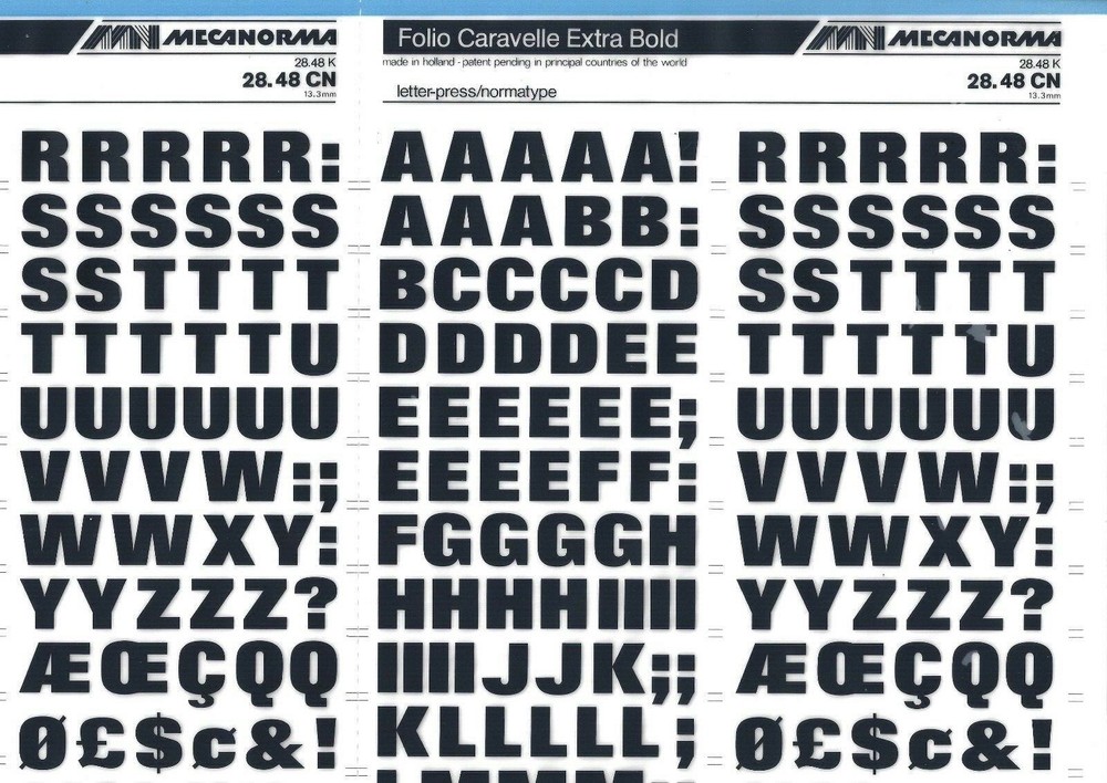 MECANORMA Transfer Lettering Sheet A3 Letraset #644 FOLIO CARAVELLE BOLD 13.3MM